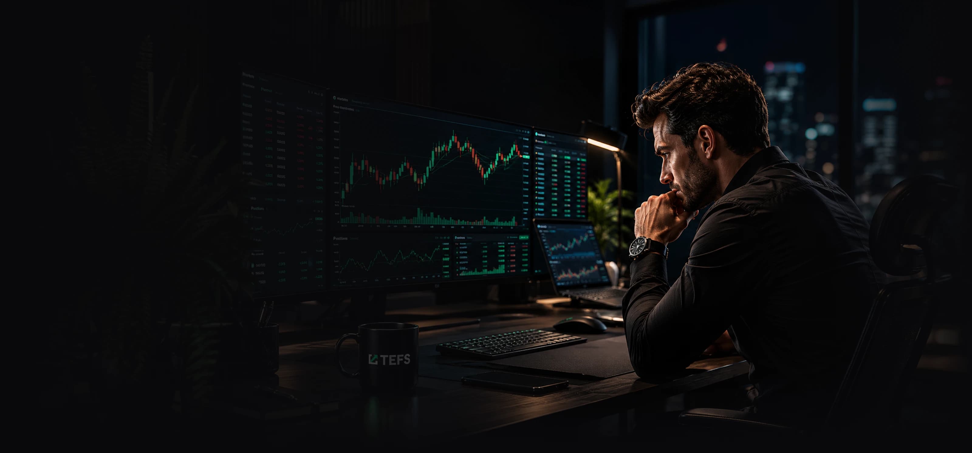 Trader working at a multi-screen desk