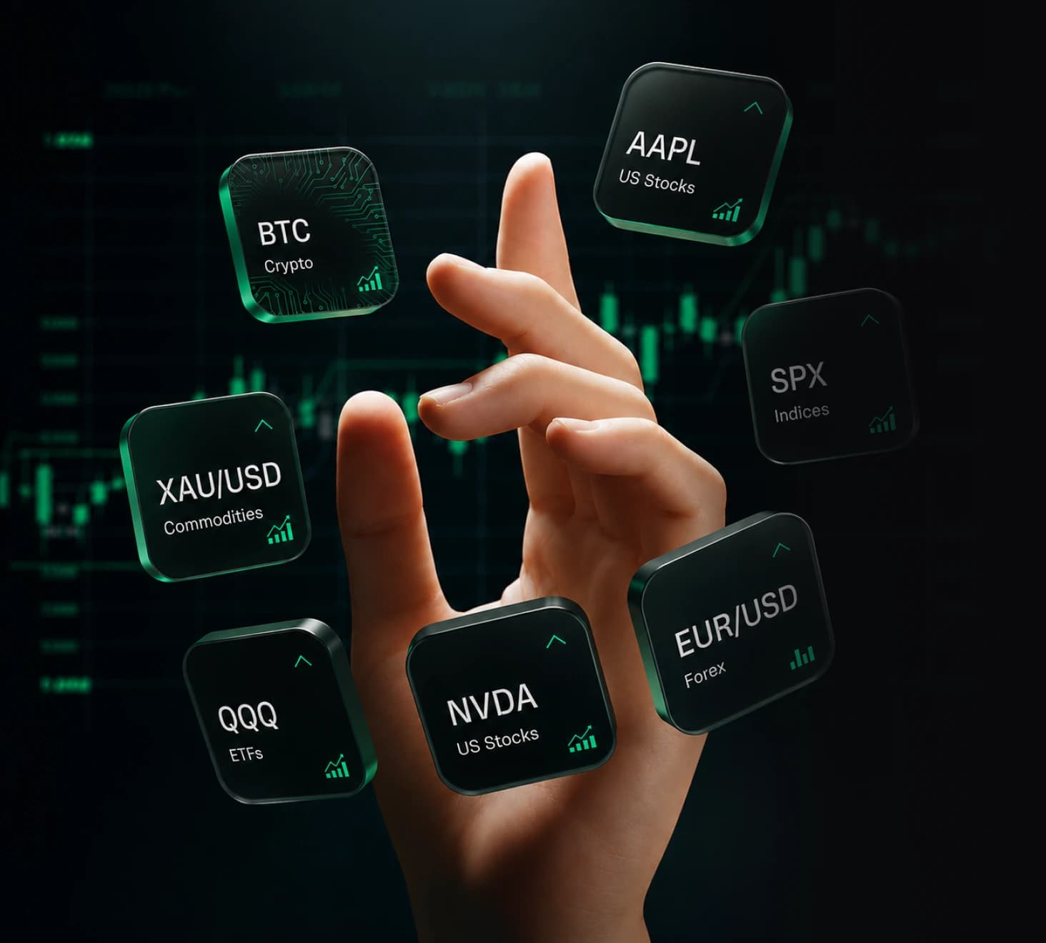 A hand holding floating cards of currencies, stocks, and assets