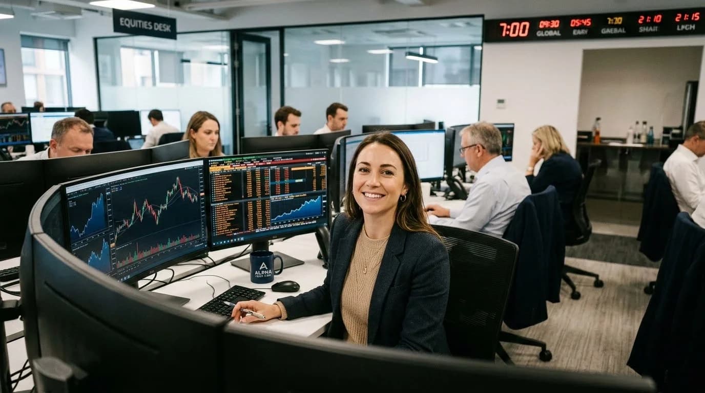 A risk analyst reviewing live trading data across multiple monitors on a trading floor